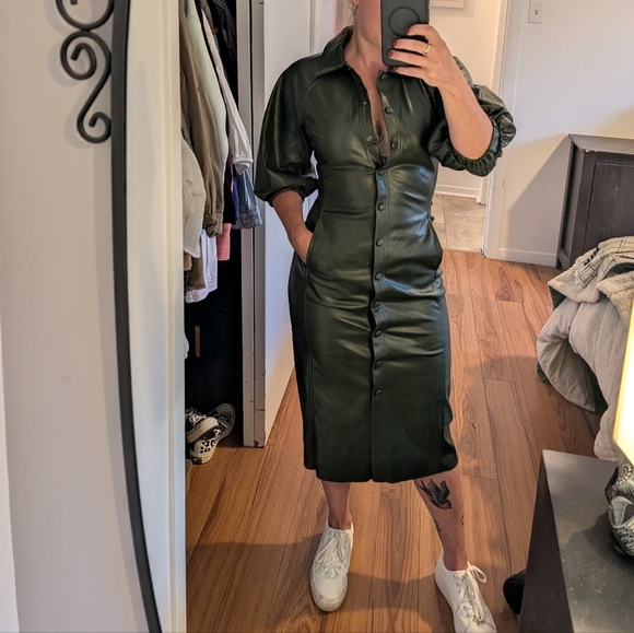 98.Nwt Choosy Faux Leather Green Button-Up Dress‎ - Picture 8 of 8